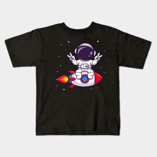 Cute Astronaut Riding Rocket Cartoon Kids T-Shirt